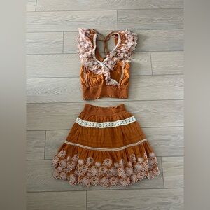Anthropologie two piece set embroidered boho smocked tank top and skirt size xs